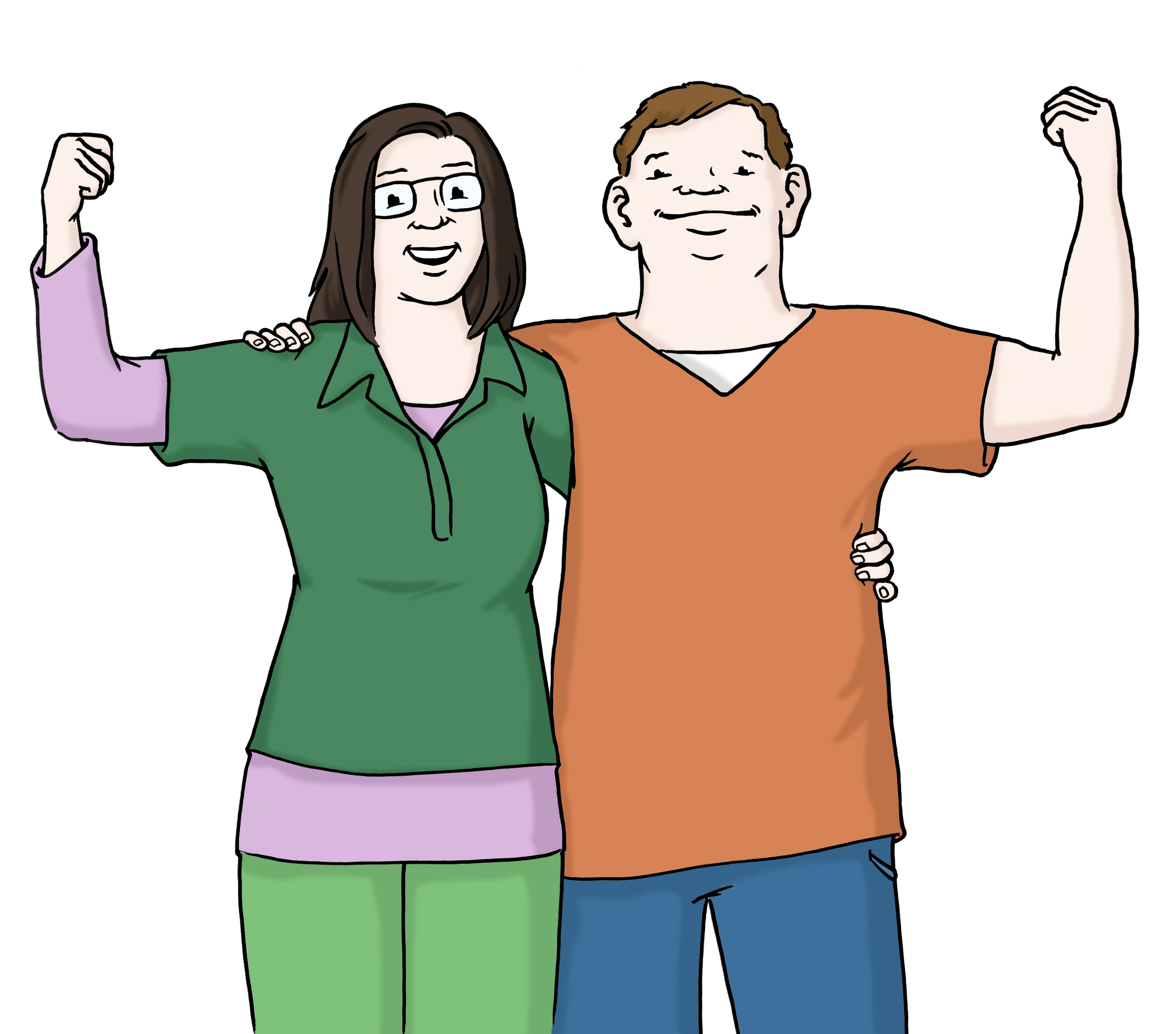 SeWo – Illustration von zwei Menschen die nebeneinander stehen-arm in arm, den jeweils freien Arm mit der Faust, angewinkelt nach oben gestreckt.